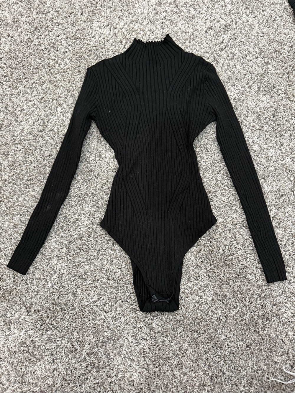 bohme Black Ribbed Mock Neck Long-Sleeve Bodysuit